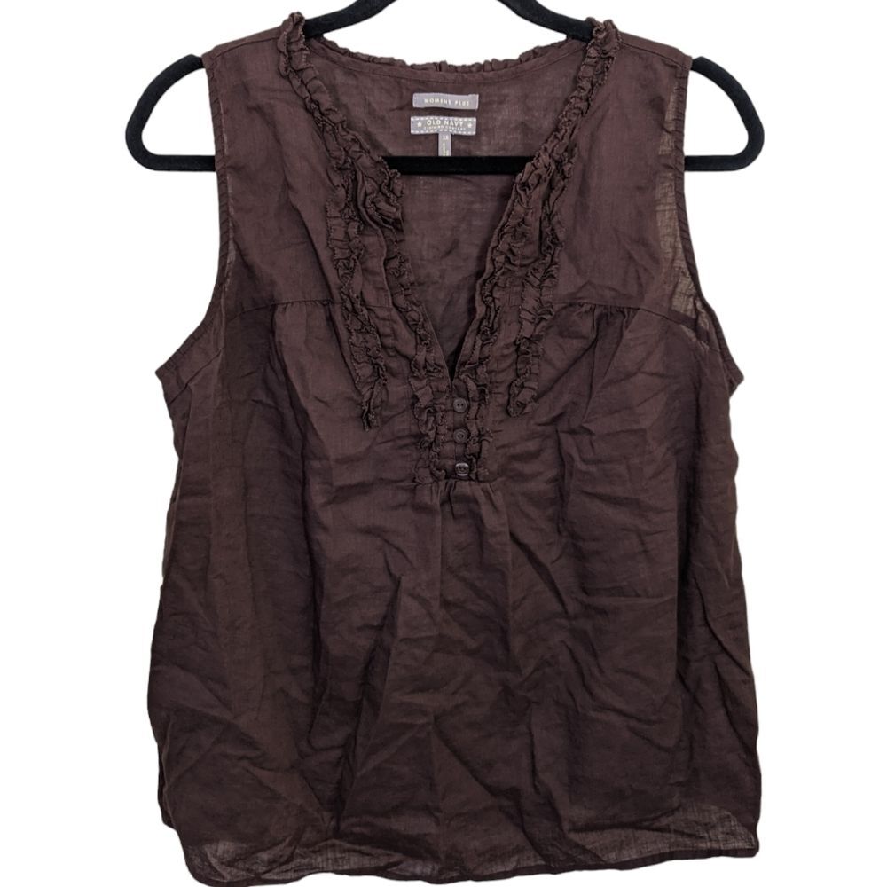 Old Navy Women's Plus Brown Semi-Sheer Ruffle Linen Cotton V-Neck Top Size 1X